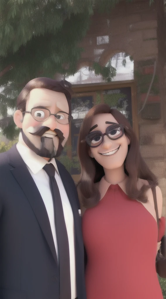 man in a suit, with mustache and beard, Grinning. E mulher com óculos Grinning