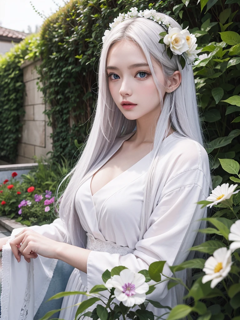 Long white hair, blue eyes, serious features, white skin, loose style, in a garden, with flowers , in the forest ,in the Sakura Korea ,Korean Palace
