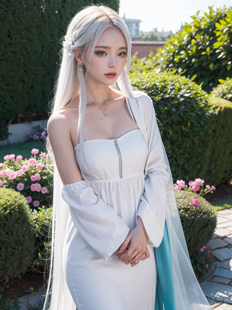 Long white hair, blue eyes, serious features, white skin, loose style, in a garden, with flowers