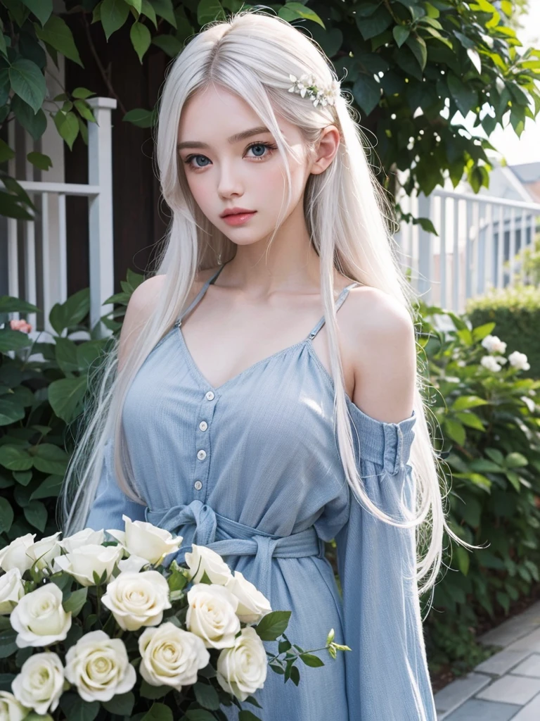 Long white hair, blue eyes, serious features, white skin, loose style, in a garden, with flowers