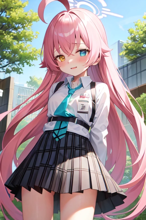 masterpiece, Highest quality, Super detailed, One girl, Hoshino, White shirt, Pleated skirt, Embarrassed, Are standing,
 Outdoor,arms behind back