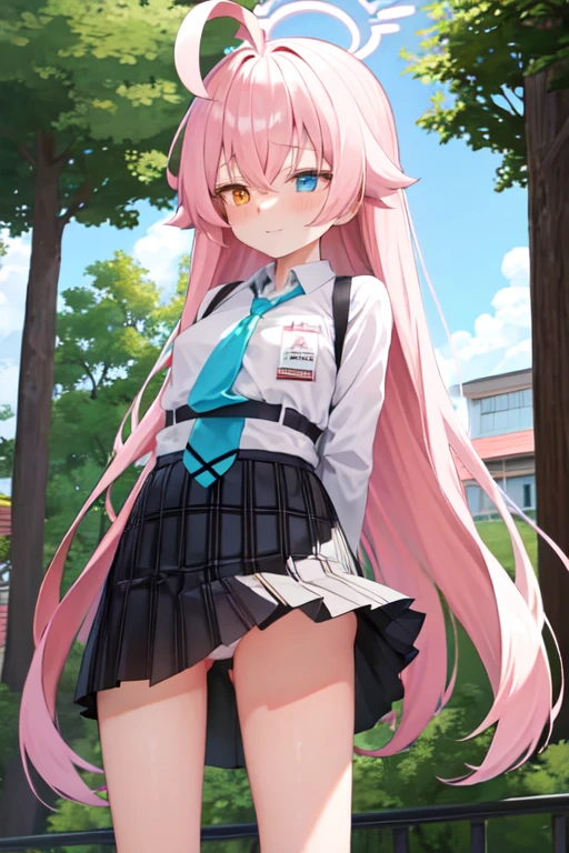 masterpiece, Highest quality, Super detailed, One girl, Hoshino, White shirt, Pleated skirt, Embarrassed, Are standing,
Outdoor,arms behind back