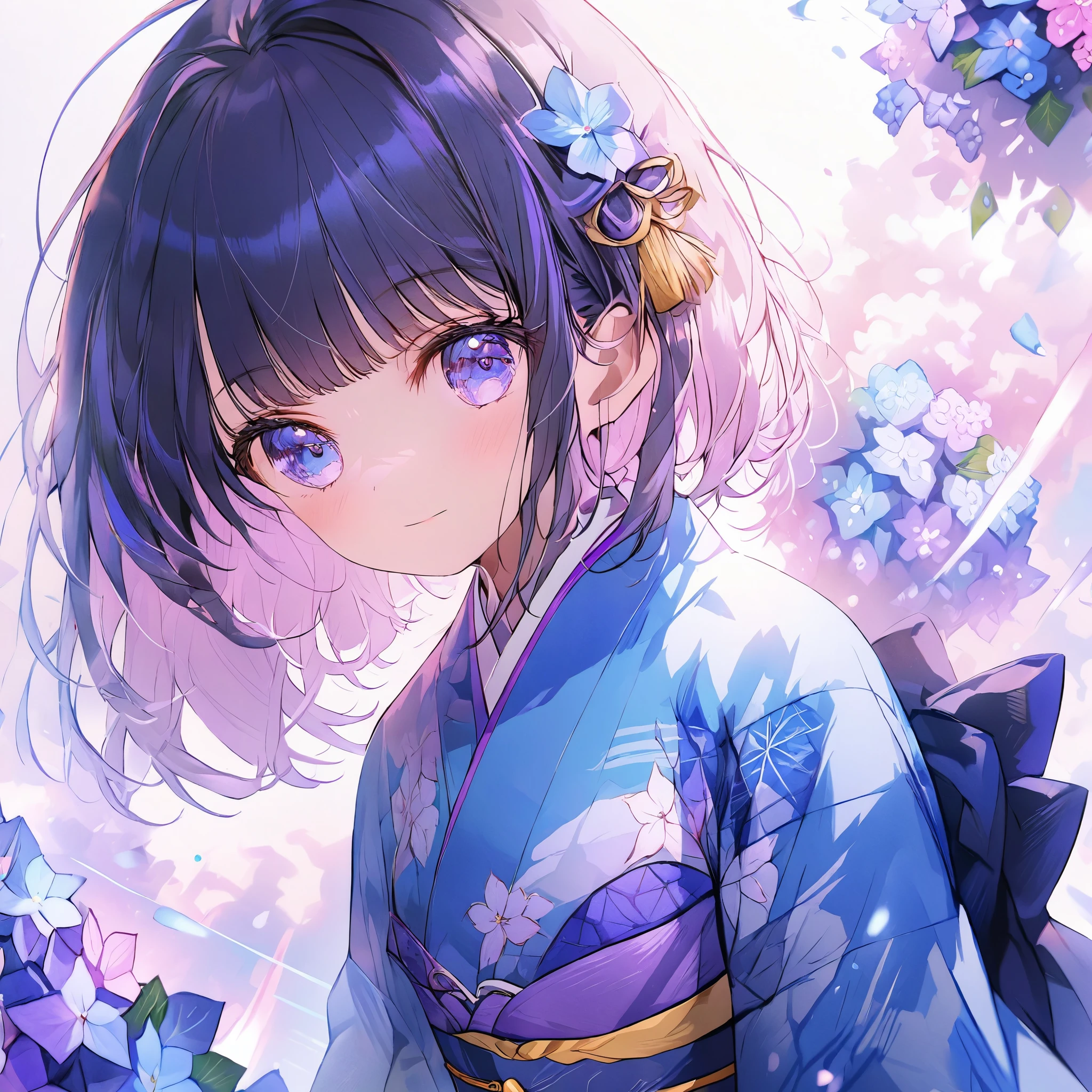 Hydrangeas, a beautiful girl, beautiful sky, detailed details, a large sky, a full-body image, detailed colors, dynamic angles, a beautiful Japanese kimono, BREAK ,quality\(8k,wallpaper of extremely detailed CG unit, ​masterpiece,hight resolution,top-quality,top-quality real texture skin,hyper realisitic,increase the resolution,RAW photos,best qualtiy,highly detailed,the wallpaper,cinematic lighting,ray trace,golden ratio\),