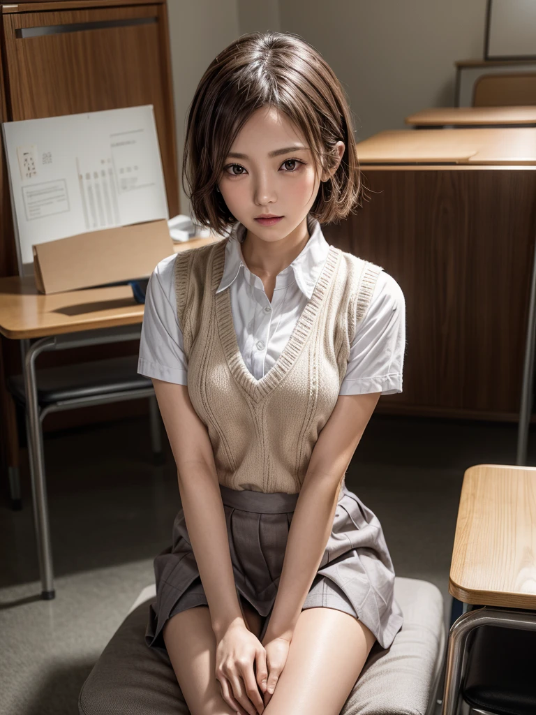 Masterpiece, Top Quality, Top Mikoto, brown eyes, short hair, small breasts, looking at viewer, alone, closed mouth, collared shirt, beige knit vest, dark blue  Skirt, school_uniform, shirt, white_shirt, classroom,Masterpiece, highest quality, 8K, detailed skin texture, fine cloth texture, beautiful detailed face, intricate details, super detailed,cute,cute posing,composition that shows the whole body,