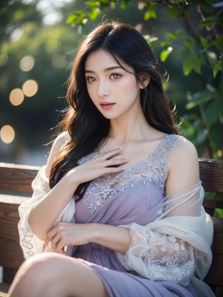 (best quality,4k,8k,highres,masterpiece:1.2),ultra-detailed,(realistic,photorealistic,photo-realistic:1.37), HDR, UHD, studio lighting, ultra-fine painting, sharp focus, physically-based rendering, extreme detail description, professional, vivid colors, bokeh, portraits, brunette girl, long hair, evening dress, beautiful detailed eyes, beautiful detailed lips, extremely detailed eyes and face, long eyelashes, delicate and radiant skin, elegant and confident posture, graceful hand gestures, enchanting smile, intricate lace embroidery on the dress, flowing and ethereal fabric, soft color gradient from dusky purple to midnight blue, warm and subtle golden highlights, gentle moonlight illuminating the surroundings, soft shadows creating depth and dimension.