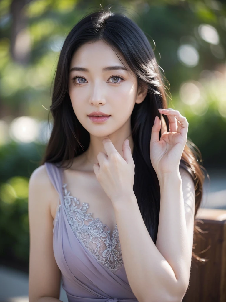 (best quality,4k,8k,highres,masterpiece:1.2),ultra-detailed,(realistic,photorealistic,photo-realistic:1.37), HDR, UHD, studio lighting, ultra-fine painting, sharp focus, physically-based rendering, extreme detail description, professional, vivid colors, bokeh, portraits, brunette girl, long hair, evening dress, beautiful detailed eyes, beautiful detailed lips, extremely detailed eyes and face, long eyelashes, delicate and radiant skin, elegant and confident posture, graceful hand gestures, enchanting smile, intricate lace embroidery on the dress, flowing and ethereal fabric, soft color gradient from dusky purple to midnight blue, warm and subtle golden highlights, gentle moonlight illuminating the surroundings, soft shadows creating depth and dimension.