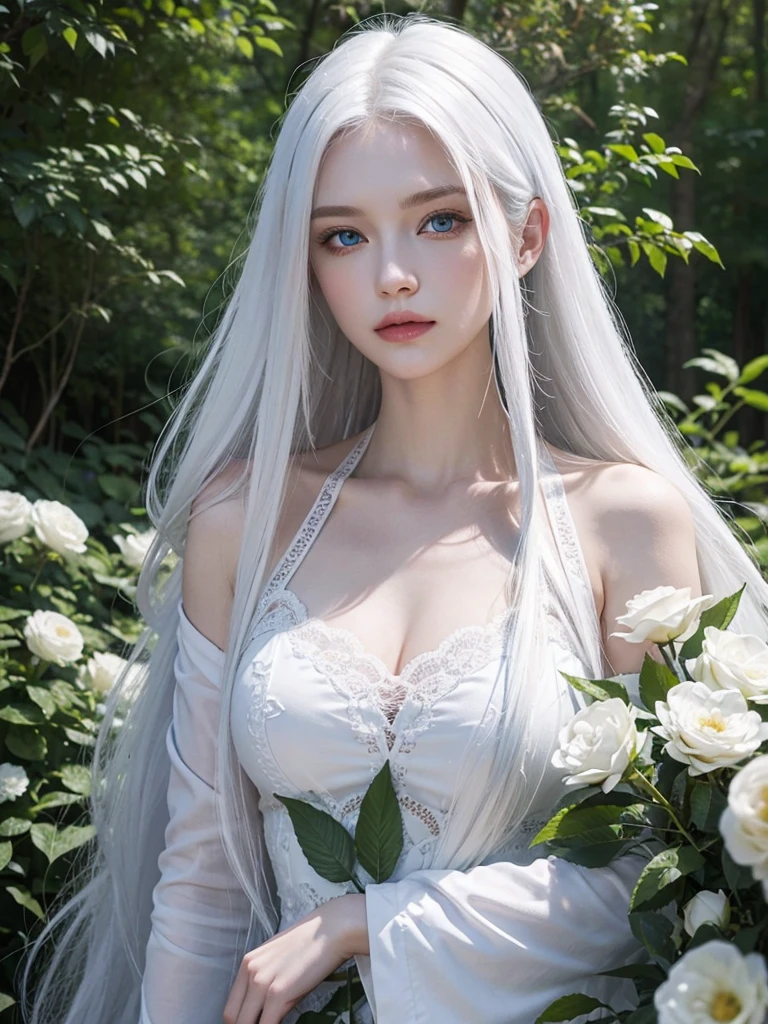 Long white hair, blue eyes, serious features, white skin, loose style, in a garden, with flowers , in the forest