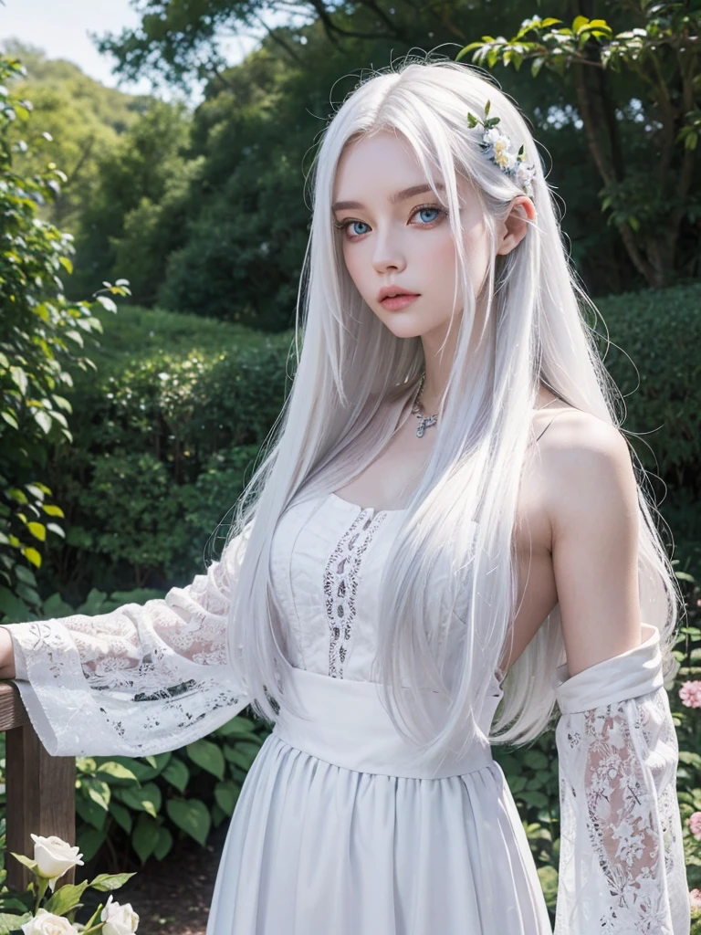 Long white hair, blue eyes, serious features, white skin, loose style, in a garden, with flowers , in the forest 