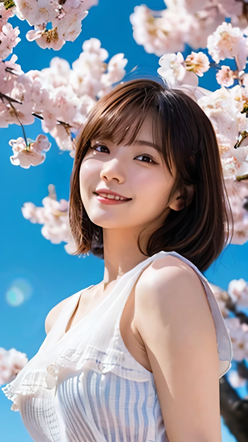 (Highest quality,masterpiece:1.3,Ultra-high resolution),(Very detailed,Caustics,8K),(Realistic:1.4,RAW shooting),1 Girl,sit,(smile),(looking at the camera),20-year-old,cute,Japanese,Natural brown medium hair,(White blouse),Denim mini skirt,glamorous,(big ),(breast focus),Grass,cherry blossoms,blue sky,sun,Natural light,(Lens flare),Professional Writing,(Bust up shot),(Tilt composition:1.3),(low position:1.4),(Low Angle:1.4)