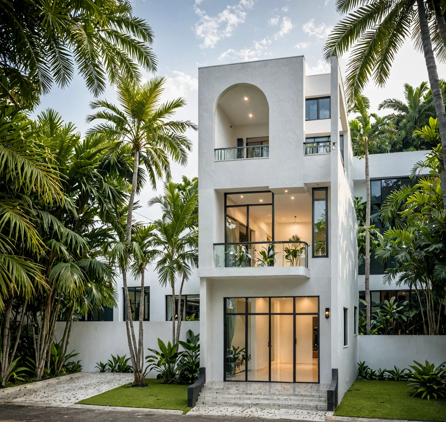 RAW photo,Masterpiece, high quality, best quality, authentic, super detail,
modern house, exterior, modern house with white wall and windows, daylight, tropical trees, tropical garden, the street on Viet Nam, archdaily architecture, 
(high detailed :1.2), 8k uhd, dslr, soft lighting, high quality, film grain, Fujifilm XT3 