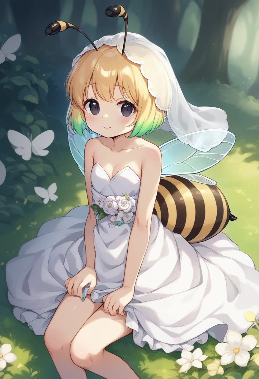 score_9, score_7_up, score_6_up, 1girl, source_cartoon, source_anime,breathtalking Scenery,watercolor,smooth soft skin, natural skin,rating_questionable
BREAK
(hornet girl:1.3), bee girl,(little female child:1.4), (loli:1.4),6 yo, kawaii,baby face,small breast, cute face,oily skin,beautiful eyes, detailed eyes,happy,
BREAK
(black bob cut:1.5),(yellow gradient hair:1.2),(yellow dip-dye hair:1.2),(black lob hair:1.2),ahoge,(nail_polish:1.1), black eyes,
BREAK
(bee antennae:1.3), (PVC material Extremely small bee wings:1.1), (invisible bee wings:1.1),
BREAK
(slender line wedding dress:1.3),(silk veil:1.3),high heel,silk cape,(blush:0.8),pierce,frill,layered dress,
BREAK
open arms for viewer,In a secluded setting, reaching out,surrounded by a dense forest, the bog lay hidden like a secret gem, its misty surface whispering tales of ancient times,dynamicangle,
