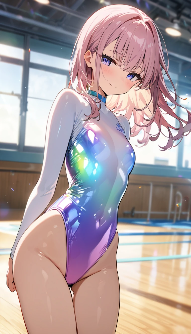 highquality illustration, masterpiece, very delicate and beautiful, attractive girl,(gymnastics leotard, Floral patterns leotard,long sleeve leotard with glittery decoration,high_leg leotard,athletic leotard,tight-fit leotard,iridescent gradient leotard),thin,slender body,slim,high school,gymnasium background,gymnastics club,gymnastics athlete,princess, beautiful eyes,light smile,(masterpiece, best quality:1.2), highres, extremely detailed CG unity 8k wallpaper, perfect lighting, Colourful, ultra-high res,4K,ultra-detailed, photography, 8K, HDR, 17 ages, 