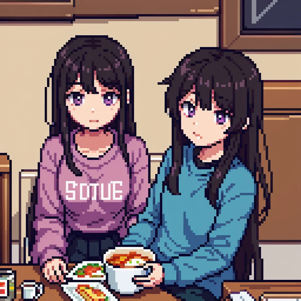 One girl, 20 years old, downtrodden girl, tired girl, confused girl, uncertain posture, long hair, black hair, brown hair. eyes with a transition from blue to purple, dark hair, anime style, 4k image, full figure, modern appearance. all the details are worked out, modern clothes, full-fledged clothes, baggy clothes, cheap clothes, detailed face, lots of details, very detailed, deep, elaborated facial expression, in an apartment, eating, sitting at a table, a girl having lunch, eating