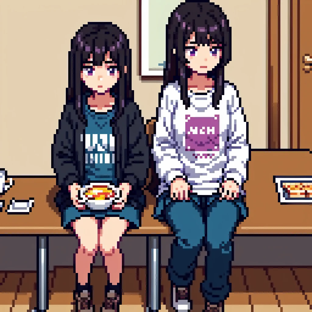One girl, 20 years old, downtrodden girl, tired girl, confused girl, uncertain posture, long hair, black hair, brown hair. eyes with a transition from blue to purple, dark hair, anime style, 4k image, full figure, modern appearance. all the details are worked out, modern clothes, full-fledged clothes, baggy clothes, cheap clothes, detailed face, lots of details, very detailed, deep, elaborated facial expression, in an apartment, eating, sitting at a table, a girl having lunch, eating