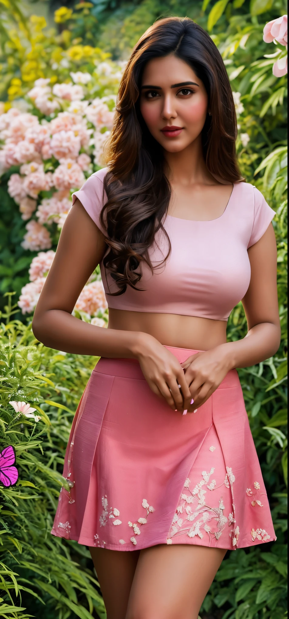(masterpiece, photorealistic:1.3), portrait of a beautiful Indian actress Sonam bajwa with detailed eyes, full lips, long eyelashes, wearing a pink skirt and blouse, she standing in a garden with flowers and butterflies, upskirt, lugging,natural lighting, cinematic composition, vibrant colors, award winning digital art