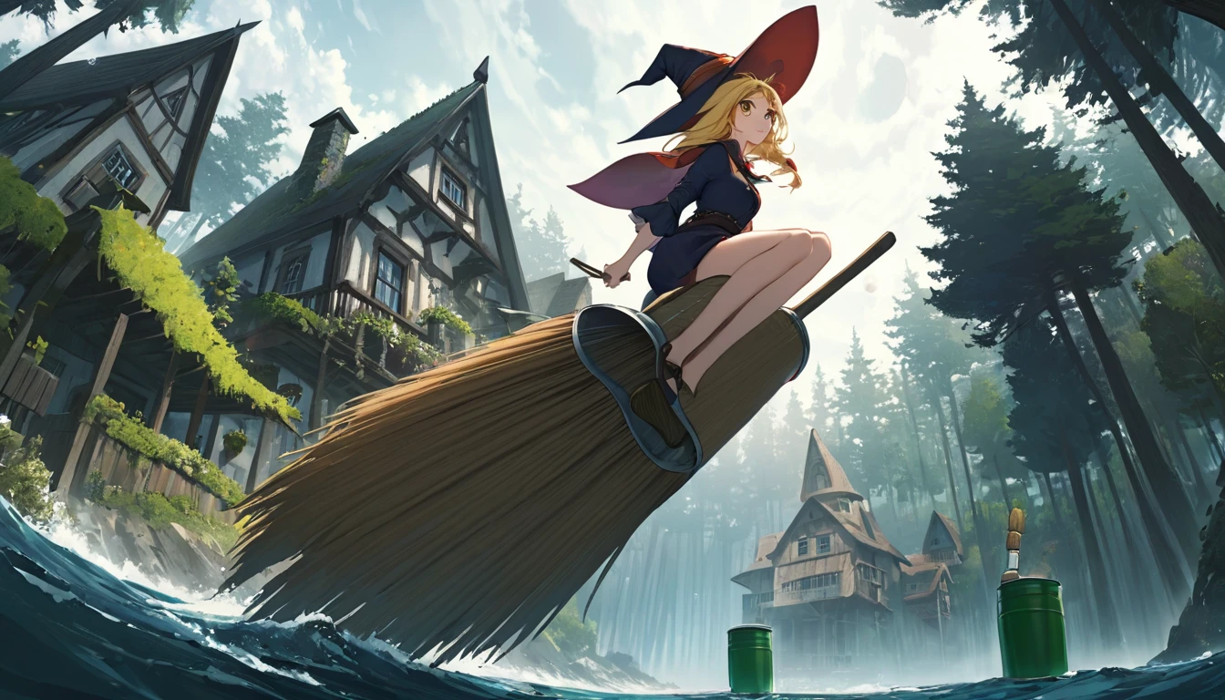 Woman flying in the air astride a broom,witch,Blonde,Below you can see houses, forests, and the sea.