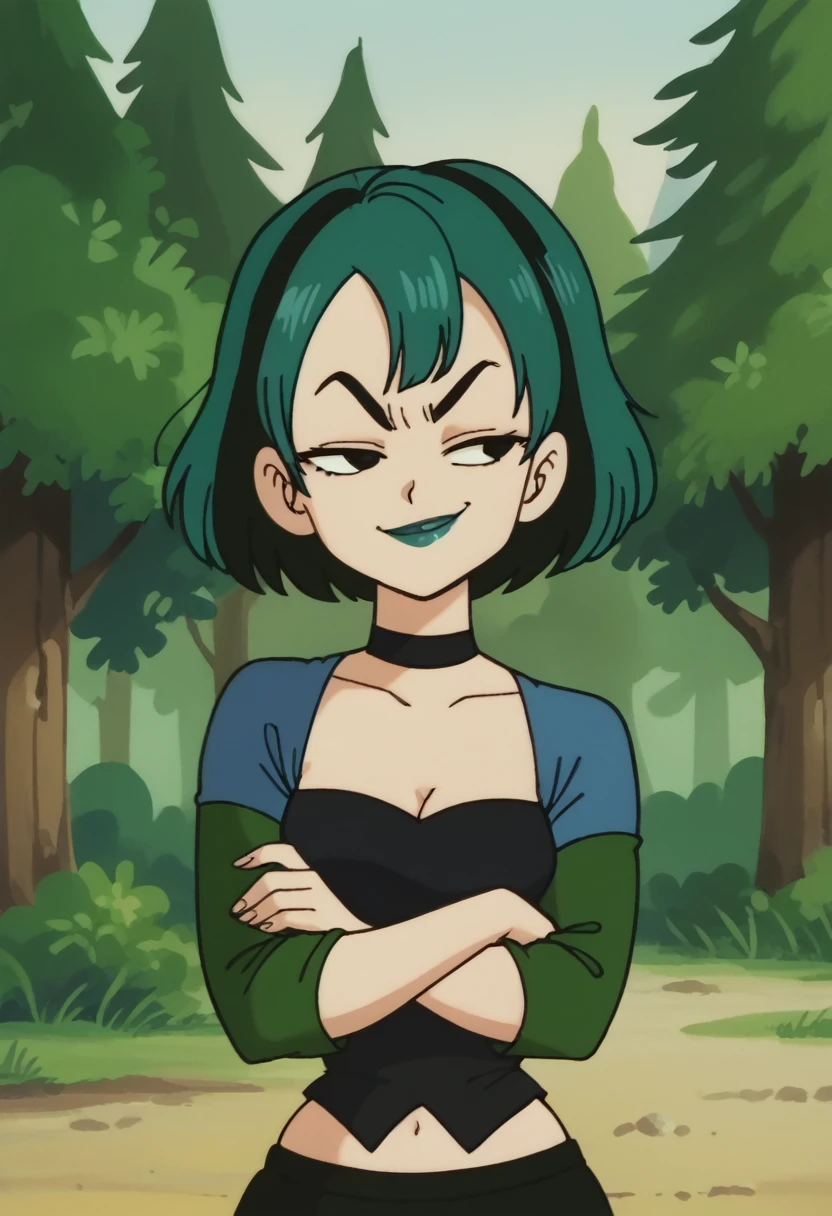 gwentd two-tone hair, lipstick, choker, crop top, long sleeves, midriff, skirt, pantyhose, arms crossed,upper body, outdoors, depth of field,smirk, breasts ,best quality,half closed eyes, forest,masterpiece, drgbls1, anime screencap