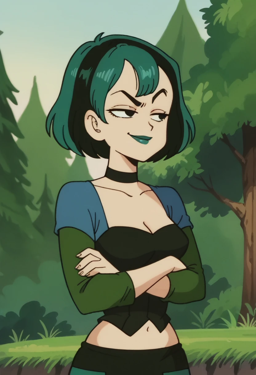 gwentd two-tone hair, lipstick, choker, crop top, long sleeves, midriff, skirt, pantyhose, arms crossed,upper body, outdoors, depth of field,smirk, breasts ,best quality,half closed eyes, forest,masterpiece, drgbls1, anime screencap