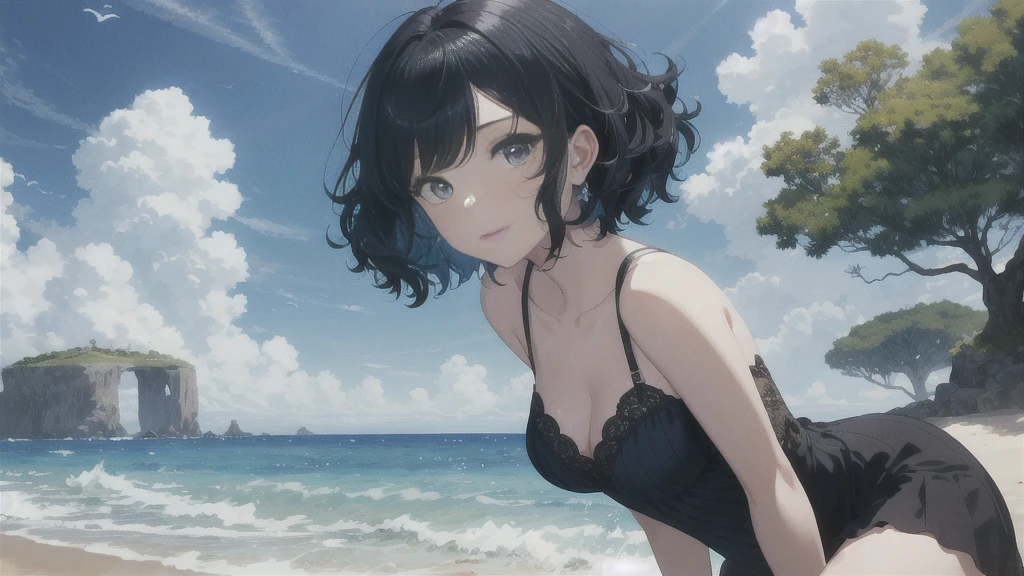 In this stunning animated masterpiece, It depicts a seductive scene featuring a young girl with short black hair and curly bangs.。.。. The vibrant blue sky creates a breathtaking backdrop, Perfectly accentuates the beauty of girls&#39;surrounding environment. When she stands alone, Wearing a lovely short sleeve dress, Her gaze captivates the viewer, An invitation to explore the fascinating cityscape that unfolds before your eyes.. The city is full of energy with skyscrapers lining the streets.., Elegant bridge, Impressive building, end a bustling metropolis that harmoniously coexists with nature. A majestic castle can be seen in the distance, Adding even more grandeur to an already stunning view. The river flowing gracefully through the town reflects the bright sun.., end