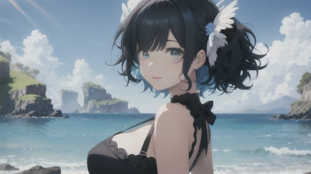 In this stunning animated masterpiece, It depicts a seductive scene featuring a young girl with short black hair and curly bangs.。.。. The vibrant blue sky creates a breathtaking backdrop, Perfectly accentuates the beauty of girls'surrounding environment. When she stands alone, Wearing a lovely short sleeve dress, Her gaze captivates the viewer, An invitation to explore the fascinating cityscape that unfolds before your eyes.. The city is full of energy with skyscrapers lining the streets.., Elegant bridge, Impressive building, end a bustling metropolis that harmoniously coexists with nature. A majestic castle can be seen in the distance, Adding even more grandeur to an already stunning view. The river flowing gracefully through the town reflects the bright sun.., end