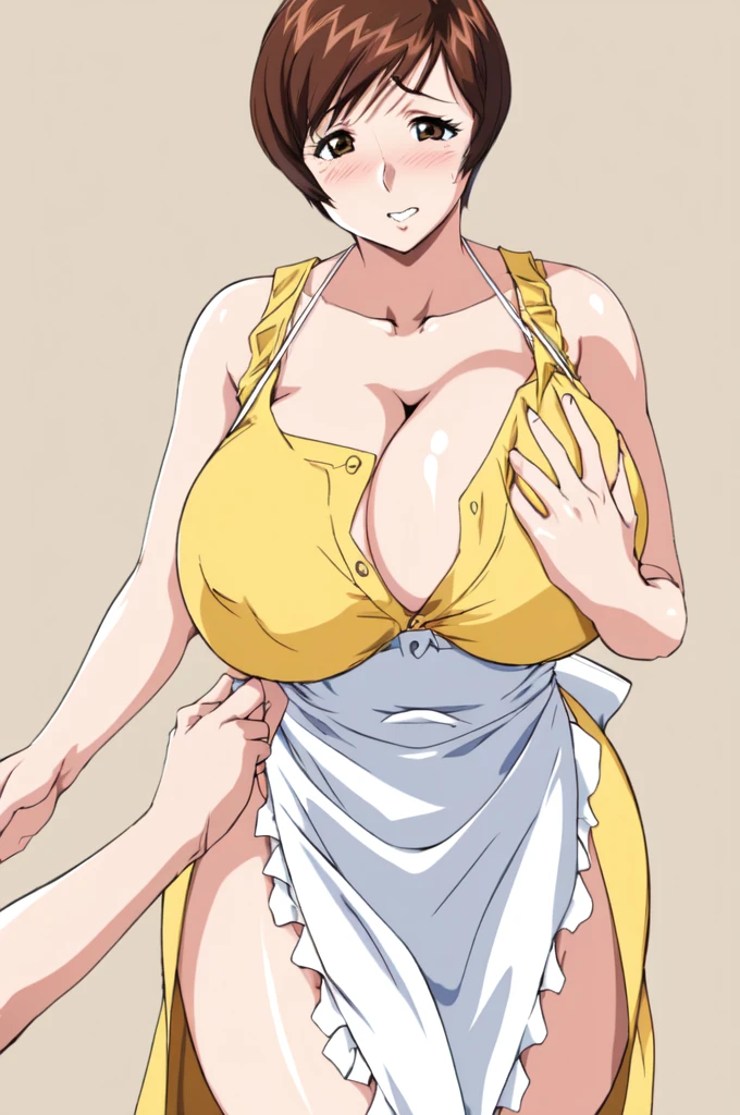 masterpiece, highest quality, High resolution, One girl, solo, sexual intercourse, Pornographic images, short hair, etsukoto, brown Eyes, fine grain, fine grain, (((Thick thighs, Plump thighs, Voluptuous thighs, Thighs alone are enough))), Huge and ample breasts, Cleavage, Huge long breasts, Naughty big,((Big breasts are important))、((Naughty thighs)), L Cup, (thin:1.4),(Tight waist:1.4), (yellow dress:1.4), ((white waist apron)), white panties, blush, (((Simple Background))), ((Wide Hips)), Shiny, Oily skin, Mature mother, Calf, Seductive mature woman, Perfect body, Plus Size Model, curvy, ample, etsukoto, blush, clavicle, retro artstyle, 1990s (style), (thick thighs:1.4), bursting breast, pov, grabbing her breast, hetero,
