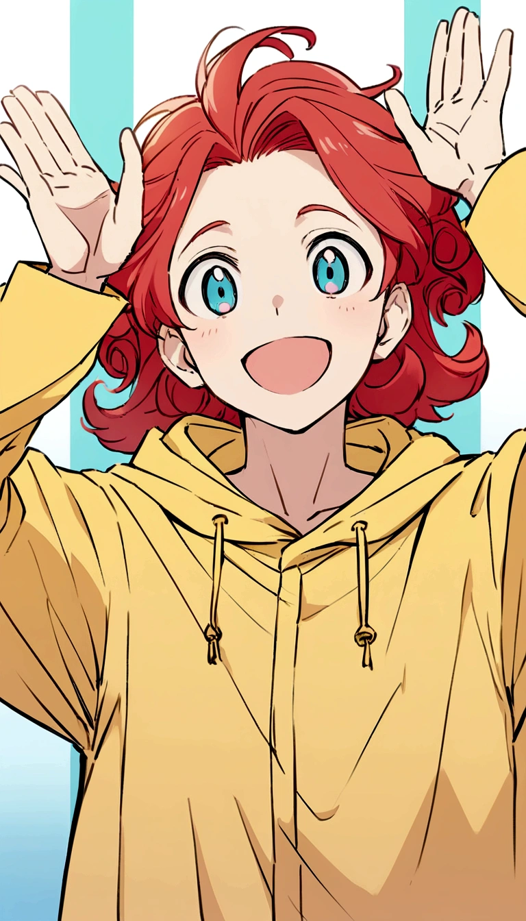 Create an anime-style illustration of a boy with medium-length curly red hair. He should be wearing a yellow raincoat. The boy's expression should be one of joy, with a wide grin and his hands waving in the air. The background should be a plain, light blue color to keep the focus on the character. Ensure the drawing has a clean, detailed, and slightly pastel color palette to match the aesthetic of modern anime illustrations.