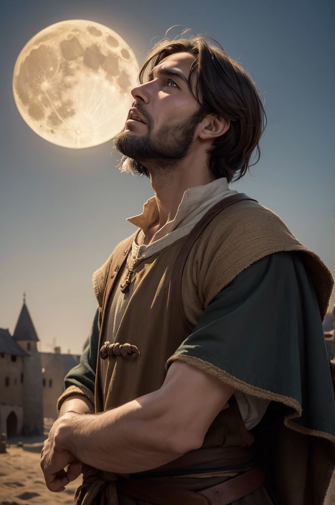 Medieval man with worried expression, wearing simple villager clothes, looking up at the sky where a full moon is rising."