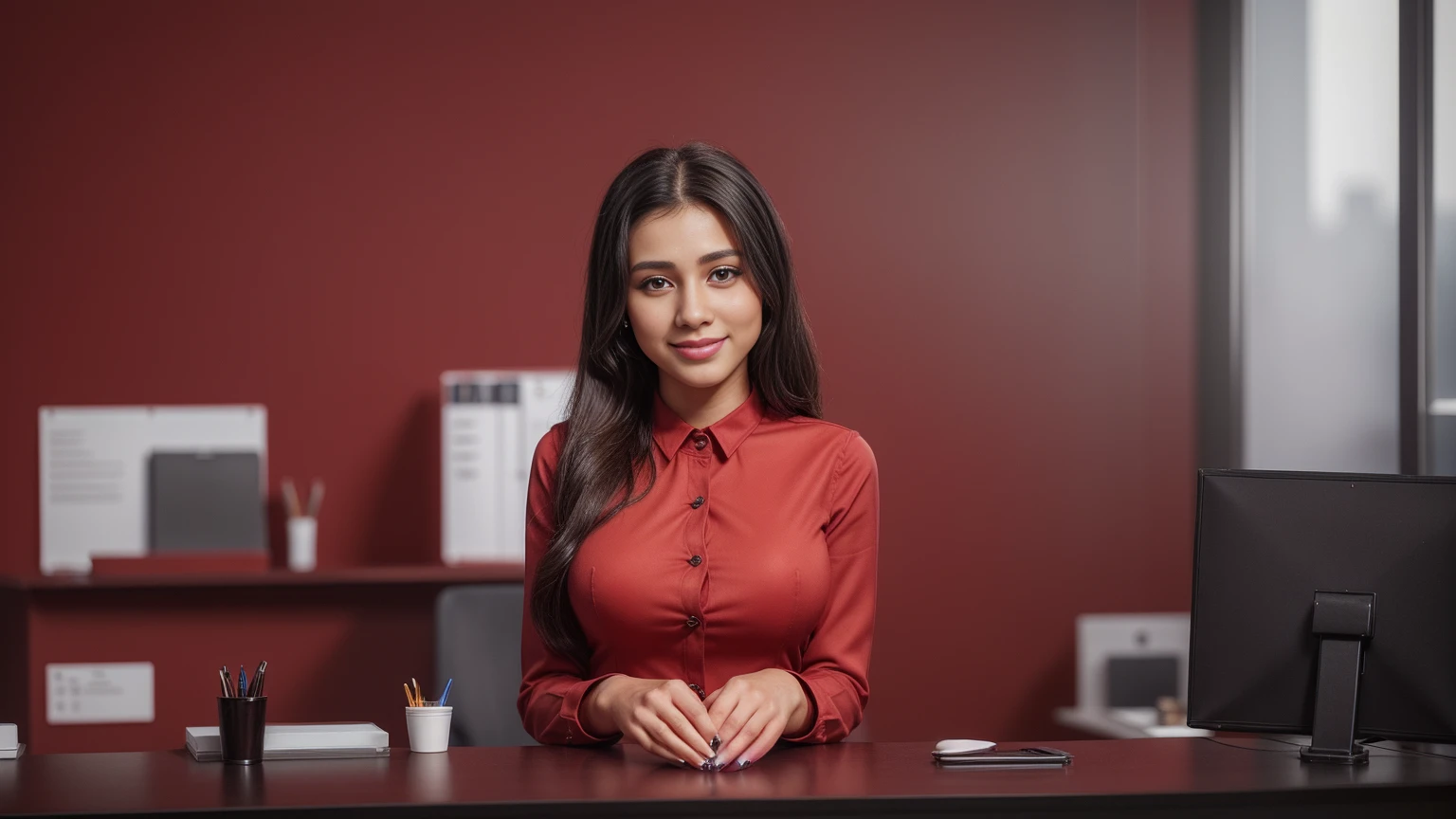 a friendly girl, expressive eyes, full smile, professional attire, office setting, 8k, masterpiece, RAW photo, best quality, photorealistic, extremely detailed CG unity 8k wallpaper, Depth of field, Cinematic Light, Lens Flare, Ray tracing, (extremely beautiful face, beautiful lips, beautiful eyes), intricate detail face, ((ultra detailed skin)), ((1girl:1.9)), ((alone:1.9)), ((19years old)), (big smile;1.4), (beautiful and aesthetic:1.2), deep shadow, (sharp focus), [(((Raiana-Elizabeth-Dilla:1.9)))], pretty girl, (very slim slender fit-muscled body:1.9), (((business-style fashion:1.9))), (((stylish ((red:1.5)) clothes),business-coat)), (((office setting background:1.9))), (shiny skin), clear eyes, (pale skin), ((whole-body-view:1.9)), ((full-body:1.9, cinematic shot)), soft lighting, (flowing dark-black hair), (looking at viewer:1.8), ((beautiful legs:1.2)), highly detailed, ultra realistic, extremely detailed and realistic ((red:1.5)) clothes.