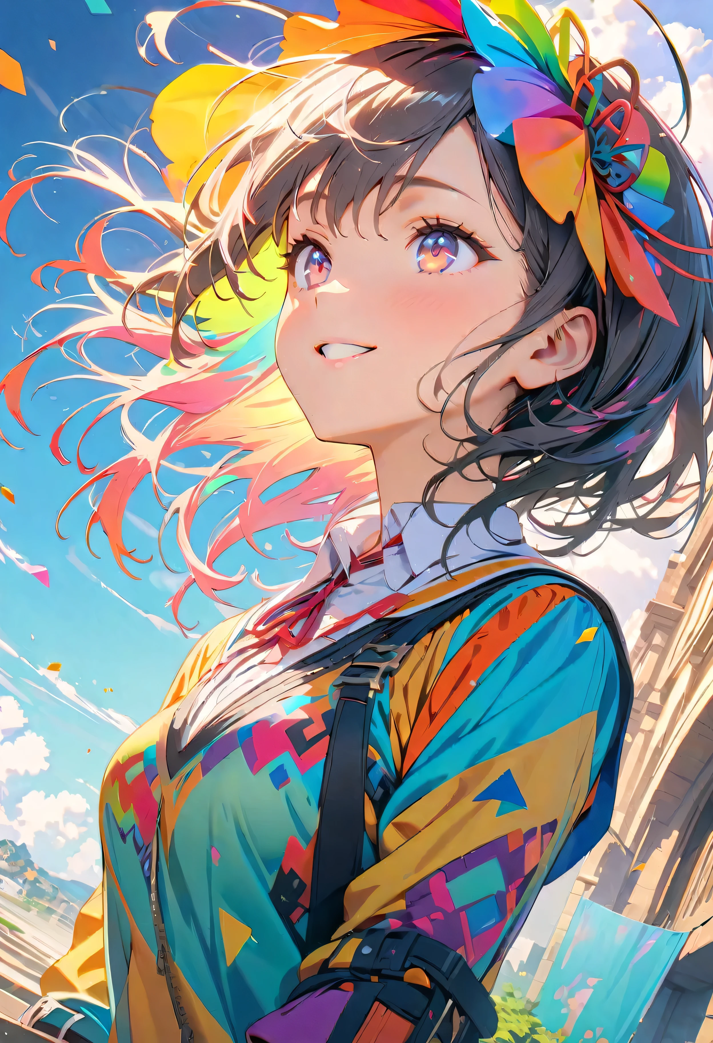 (masterpiece, Highest quality, Official Art:1.2), (colorful), Looking at the audience, One Girl, alone, White Background, floating colorful water, Ultra-fine illustrations, highly detailed, Dynamic Angle, beautiful detailed, 8K, break smiling amidst the colorful scenes, (Highest quality, masterpiece, High resolution, detailed), Anime Style, (Shining Eyes, detailed美しい顔), break,Dynamic Angle