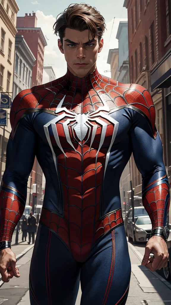 masterpiece, best quality, 1man beautiful, tall and muscular face, broad shoulders, finely detailed eyes and detailed face, extremely detailed CG unit wallpaper, intricate details, short hair, using spider man costume,, 8k, wallpaper, official art, ultra detailed, beautiful and aesthetic.