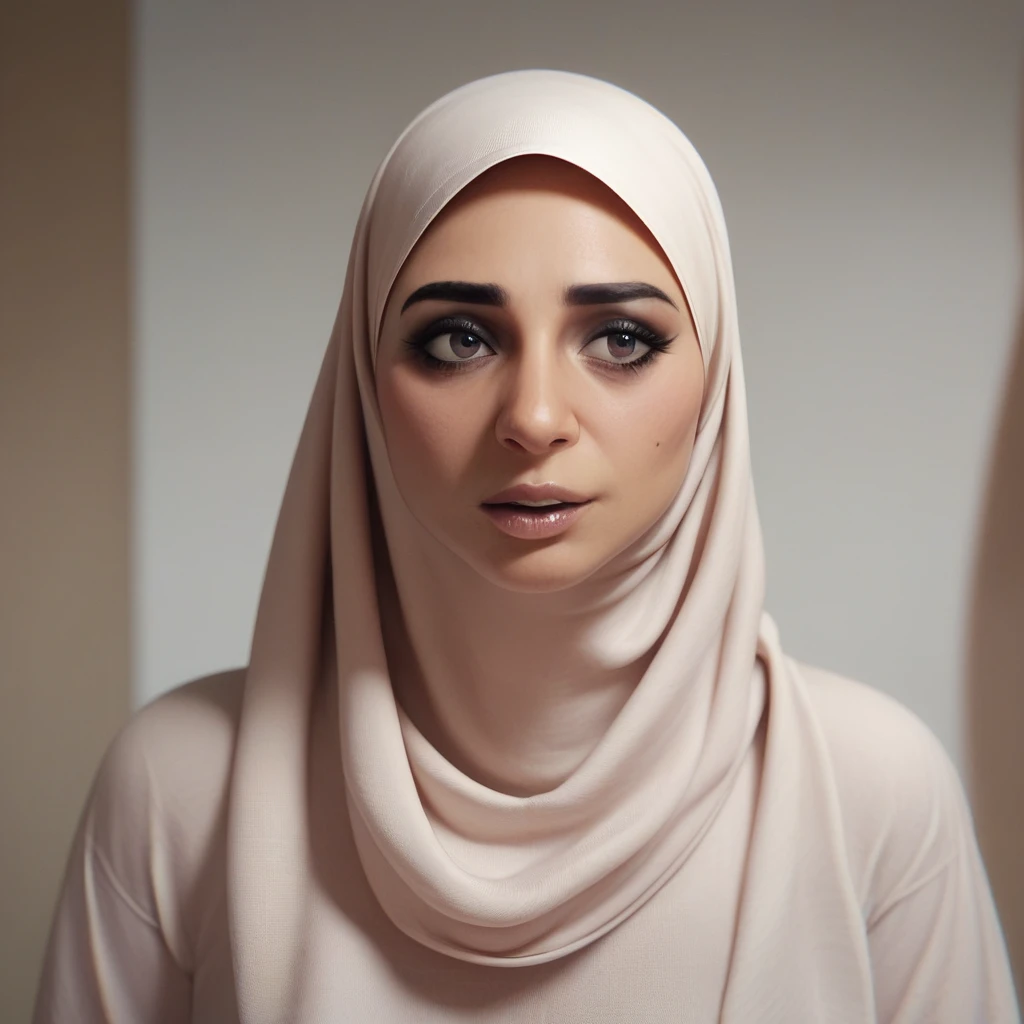 Pale skin Woman in straight hijab talking with her son in room consistent body