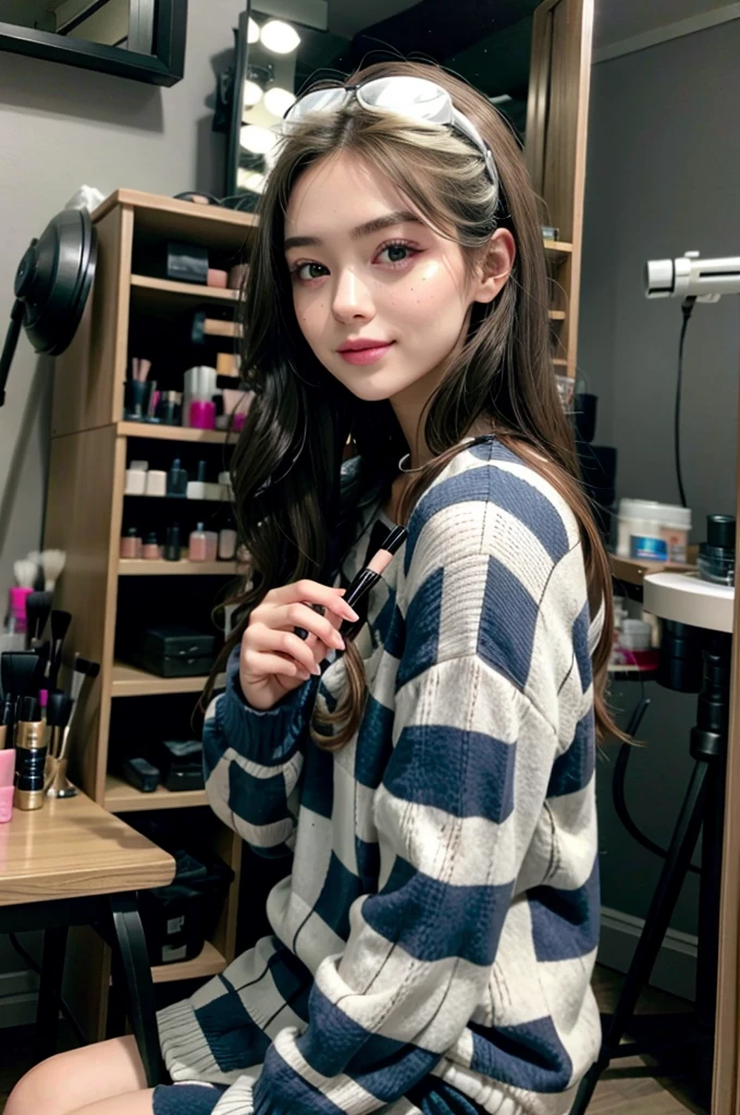 girl sitting behind makeup table,