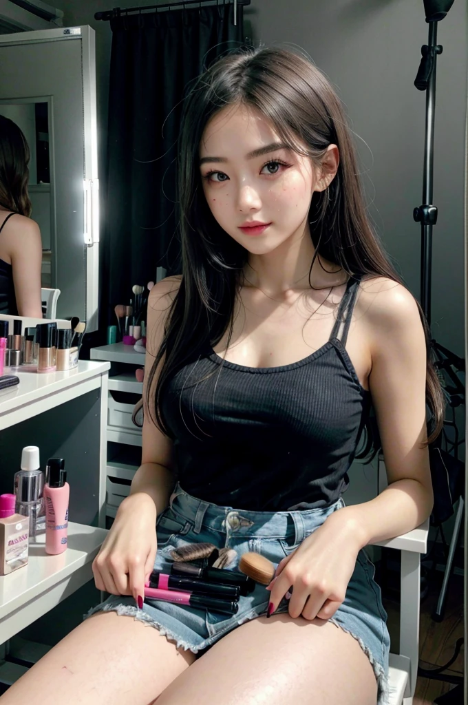 girl sitting, makeup table on the background