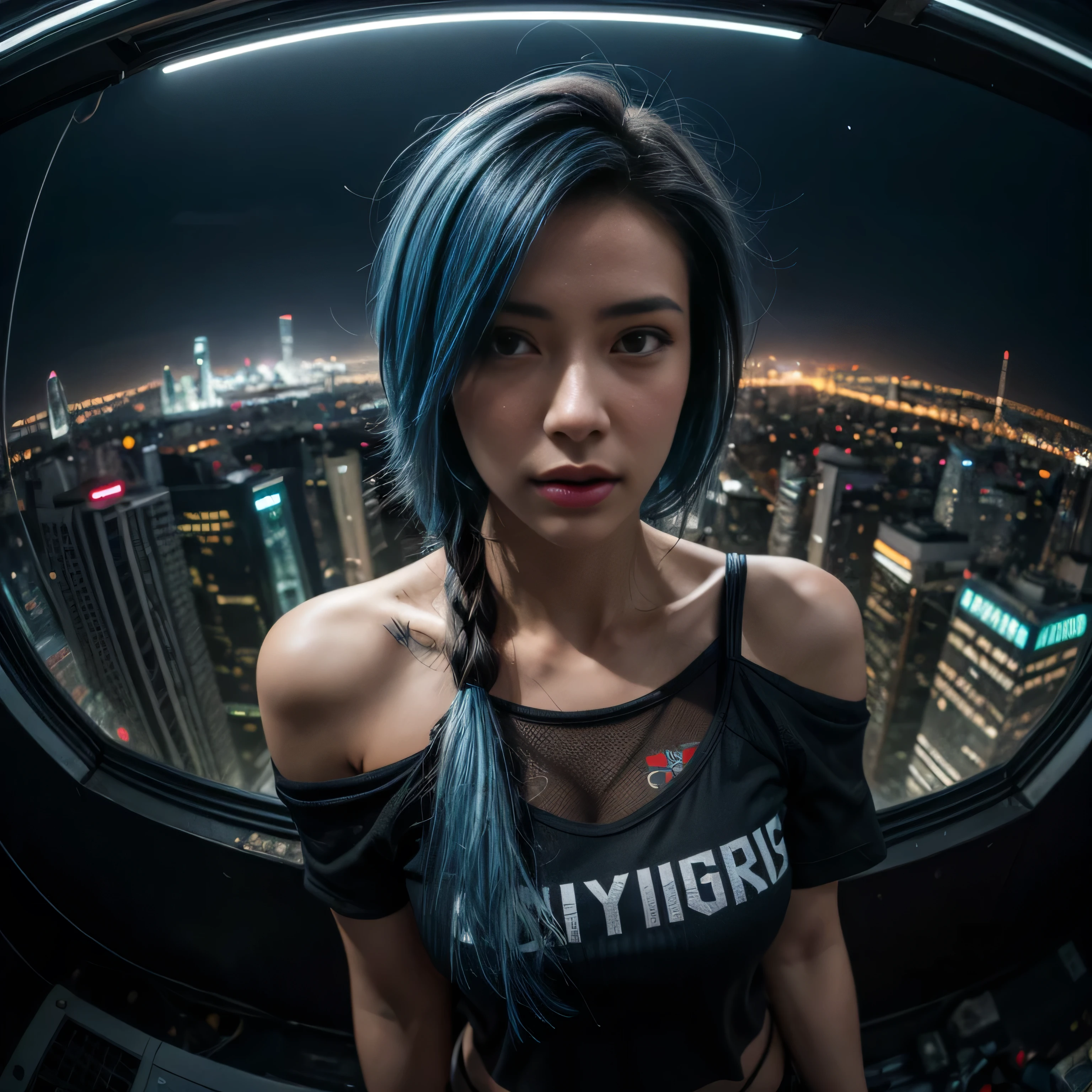 (masterpiece), best quality, ultra high res,, cyberpunk 1girl flying above stunning cityscape ,hoodie,blue hair, neon color shooting stars, very long hair, off shoulder, feather hair ornament, neon colors, flashes, stunning night sky, cinematic lighting, photorealistic, realistic skin, HDR,fisheye