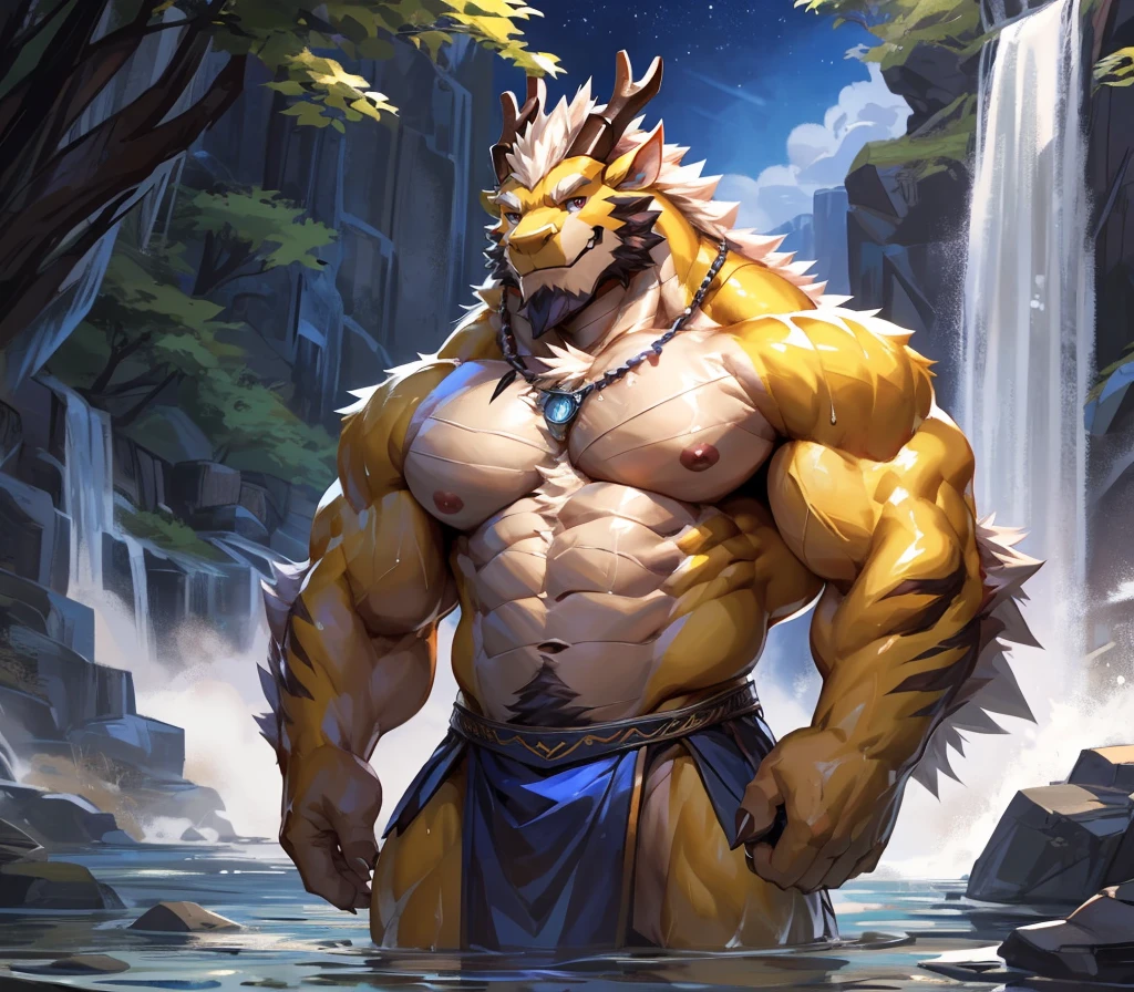 absurdres, ((best quality)), ((masterpiece)), (ultra detailed),perfect face,antro oriental dragon:2.5, male , (((chinese dragon))):2.5, (((eastern dragon))):2.5,((yellow body)), (strong beefy muscular body), (abs, strongmuscles, 8 pack), furry, handsome,Beautiful and delicate eyes, (ultra detailed eyes, mauve color eyes, sharp eyes), night, detailed scene,full body, shirtless, topless, pink nipples, (by null-ghost,by traver009,by lindong,by pino daeni), (full body), wearing random pattern necklace, claws, ((fluffy fur, fluffy, furry body)), majestic, (a pair of dragon antler), upper body naked, muscular male, (loincloth, with purple pattern :0.8), big fellow, huge body, handsome,handsome, majestic, barbarous, official art, hairy, male, by the waterfall, bathing, full body view, sweating:1.8