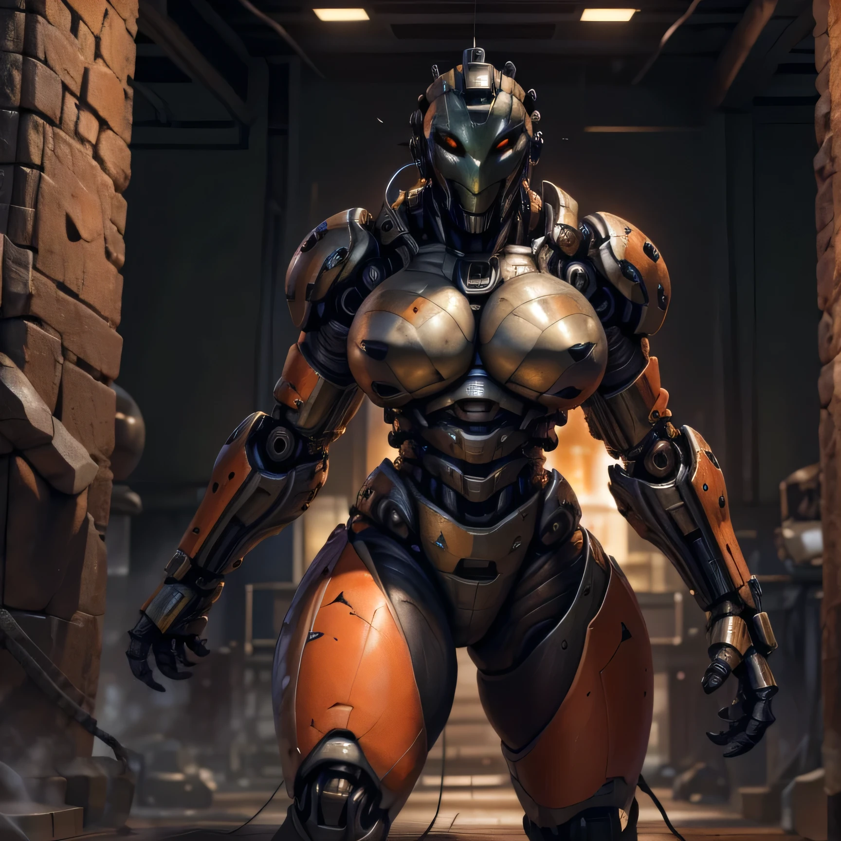 by Nnecgrau, By kenket, by totesfleisch8, ((by thebigslick)), ((by syuro:0.2)), ((Uploaded on E621)), A tall and beautiful, lighlty muscular, ominous female, (black and orange Assaultron), (black and orange Robot plates), (Black and orange arm plates), (black face plates), (black and orange leg plates), (black chest plates), (Standing)