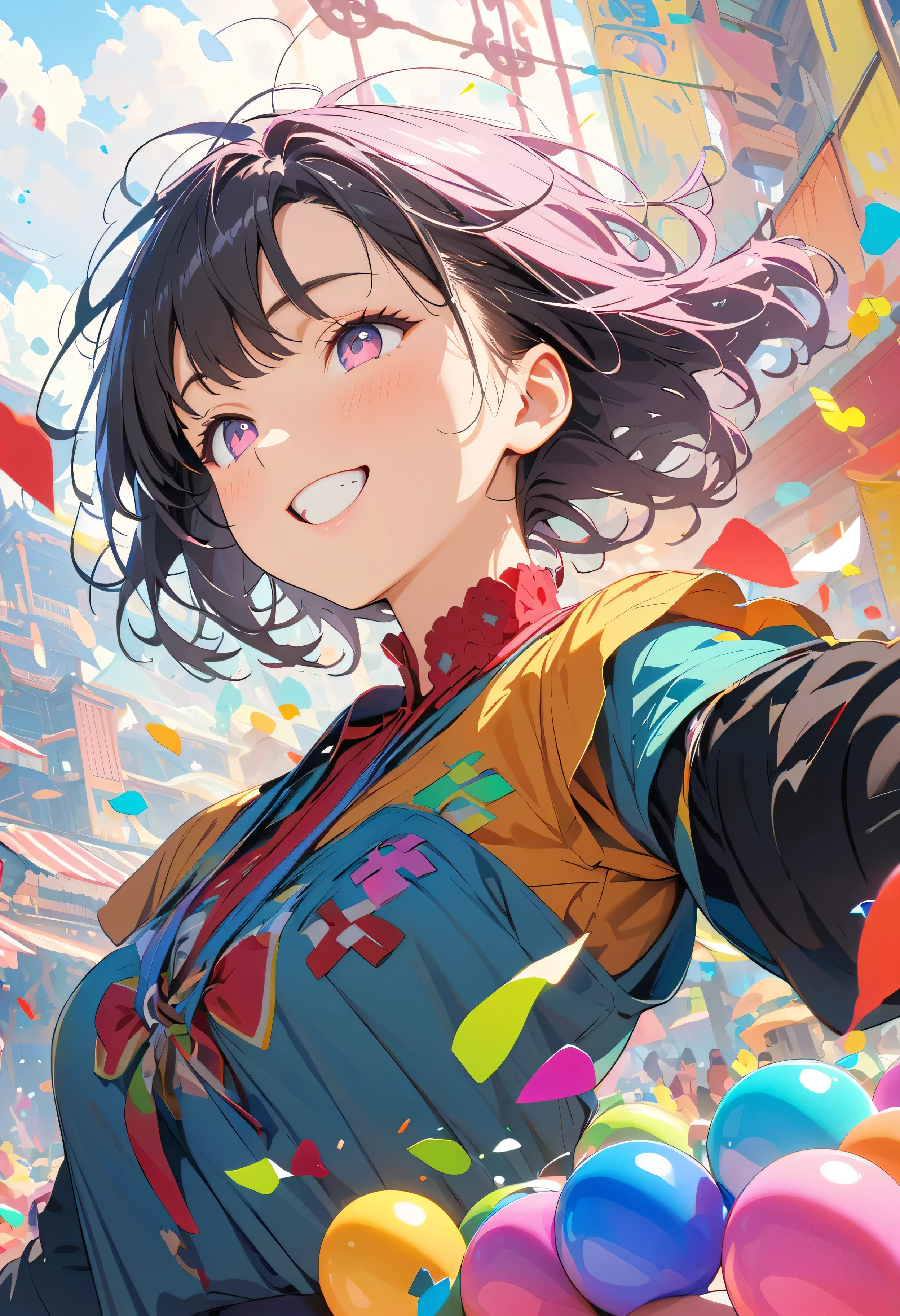 (masterpiece, Highest quality, Official Art:1.2), (colorful), Looking at the audience, One Girl, alone, White Background, floating colorful water, Ultra-fine illustrations, highly detailed, Dynamic Angle, beautiful detailed, 8K, break smiling amidst the colorful scenes, (Highest quality, masterpiece, High resolution, detailed), Anime Style, (Shining Eyes, detailed美しい顔), break,Dynamic Angle