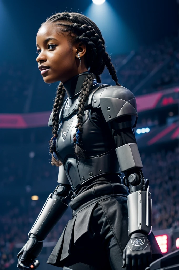 Concert of a robot in a black stadium with braids