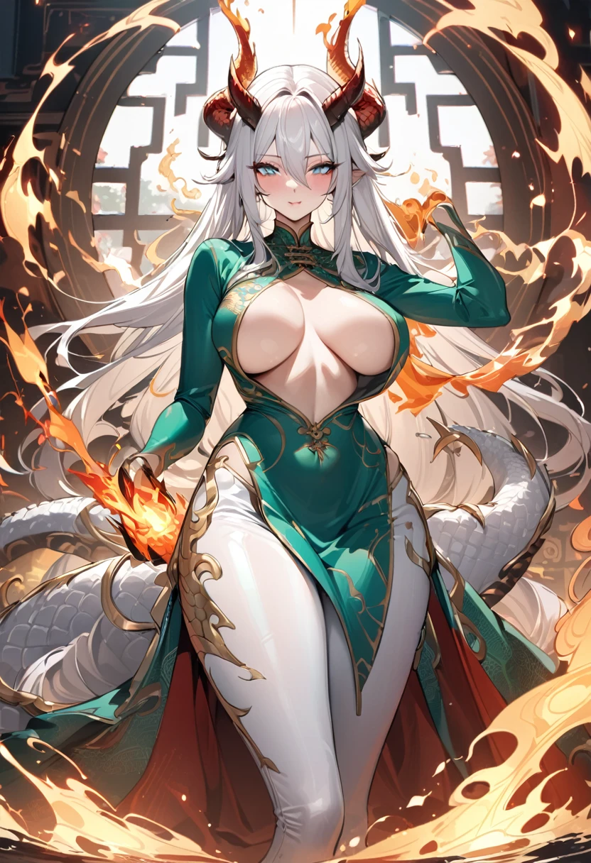 Adult woman, very long white hair, turquoise eyes, red lipstick, Chinese Dragon horns, dragon tail, claws, fire magic, water magic, lightning magic, white tight pants, green Chinese dress, long sleeves, golden elements, open breasts, open belly, wide neckline, Dragon Goddess, Masterpiece, best quality, Full HD, 8k, ultra details, great graphic