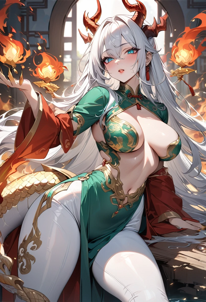 Adult woman, very long white hair, turquoise eyes, red lipstick, Chinese Dragon horns, dragon tail, claws, fire magic, water magic, lightning magic, white tight pants, green Chinese dress, long sleeves, golden elements, open breasts, open belly, wide neckline, Dragon Goddess, Masterpiece, best quality, Full HD, 8k, ultra details, great graphic
