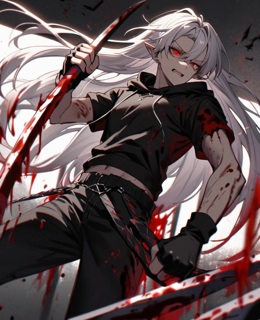 Male,5'4,pierced pointy ears,light skin,red eyes, white ombre long hair half up half down,black albow length fingerless gloves,ripped red short sleeve cropped hoodie,black tight shirt,ripped black jeans,psychotic,killing his enemies with twin blades,covered in blood