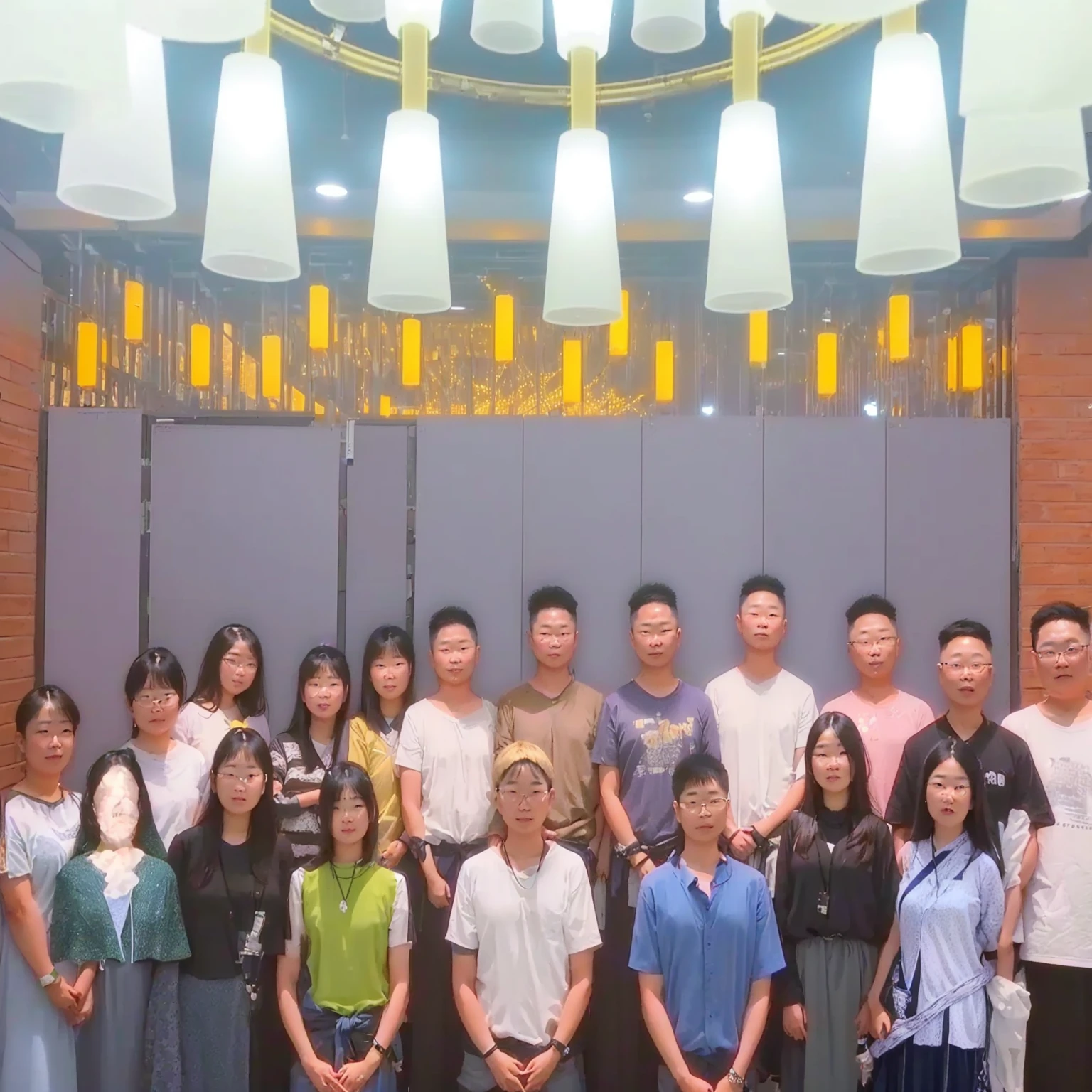 there are many people standing together in a room with lights, group photo, photo taken in 2 0 2 0, f 2. 0, 2 0 2 2 photo, postprocessed), in group photograph, shot on nikon z9, photoshot, 2 d cg, taken with canon 8 0 d, a group of people, trending ,, with many travelers