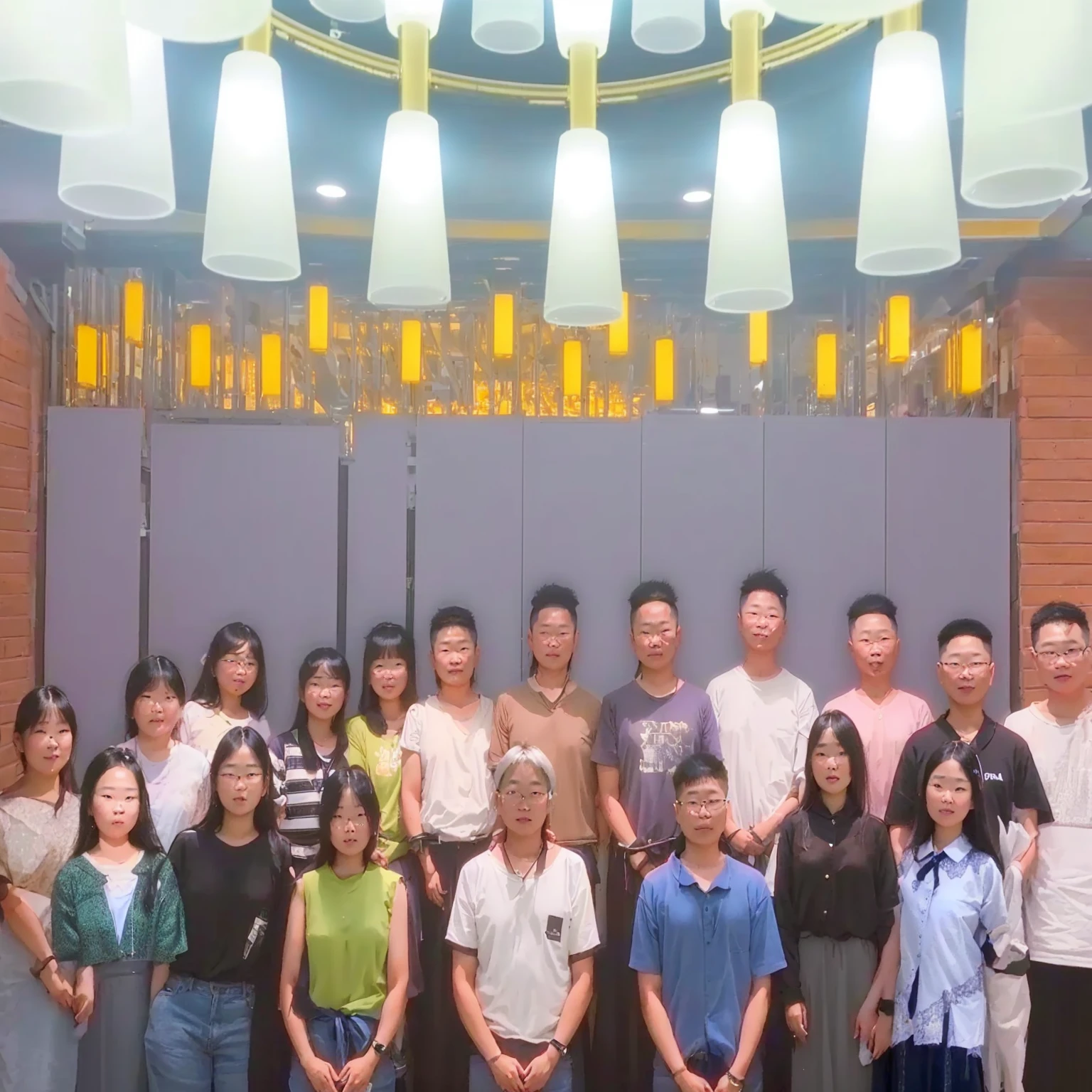 there are many people standing together in a room with lights, group photo, photo taken in 2 0 2 0, f 2. 0, 2 0 2 2 photo, postprocessed), in group photograph, shot on nikon z9, photoshot, 2 d cg, taken with canon 8 0 d, a group of people, trending ，, with many travelers