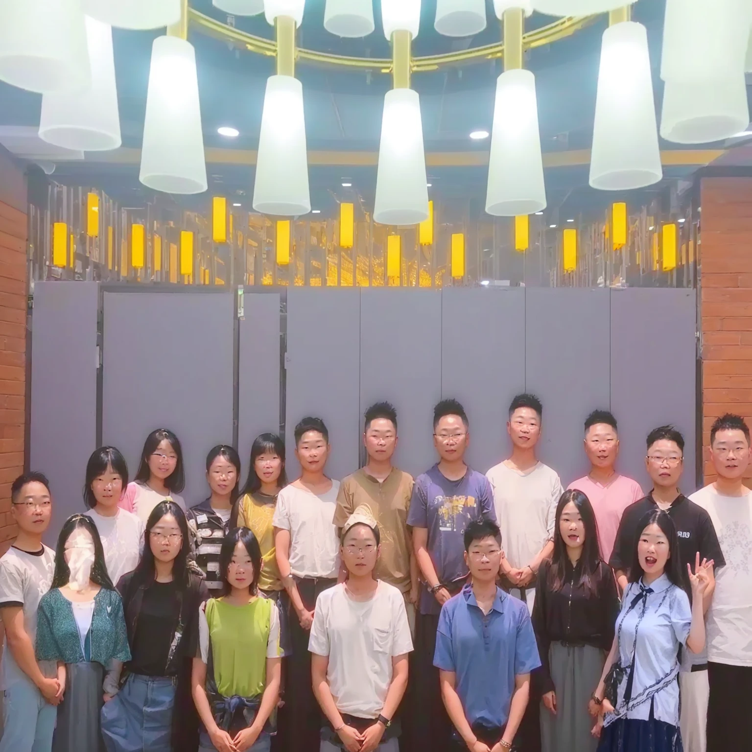 there are many people standing together in a room with lights, group photo, photo taken in 2 0 2 0, f 2. 0, 2 0 2 2 photo, postprocessed), in group photograph, shot on nikon z9, photoshot, 2 d cg, taken with canon 8 0 d, a group of people, trending ，, with many travelers