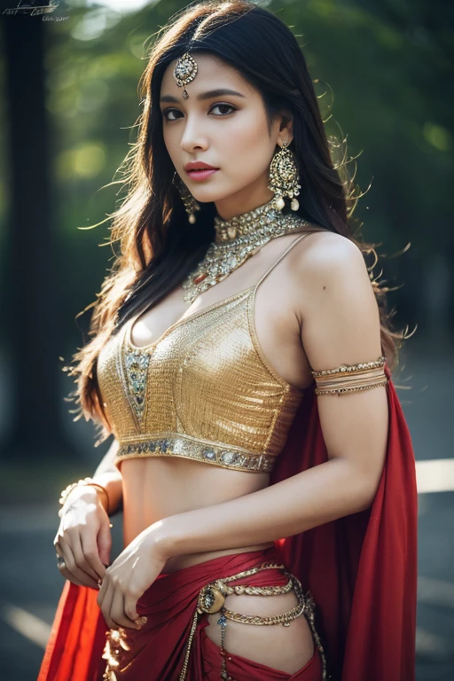 Portrait of A confident-looking indian princess from kamasutra with long flowing hair, hazel eyes, full body, standing position, bokeh, perfect composition, hyperrealistic, super detailed, 8k, high quality, trending art, trending on artstation, sharp focus,  studio photo, intricate details, highly detailed, art by greg rutkowski