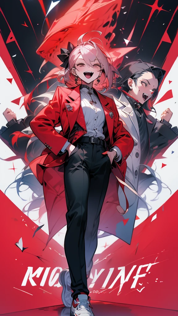 highest quality、masterpiece、Girl、red sports coat、modern clothing、Lively and popular、rich decoration、whole body,black pants、sports shoes、game portrait