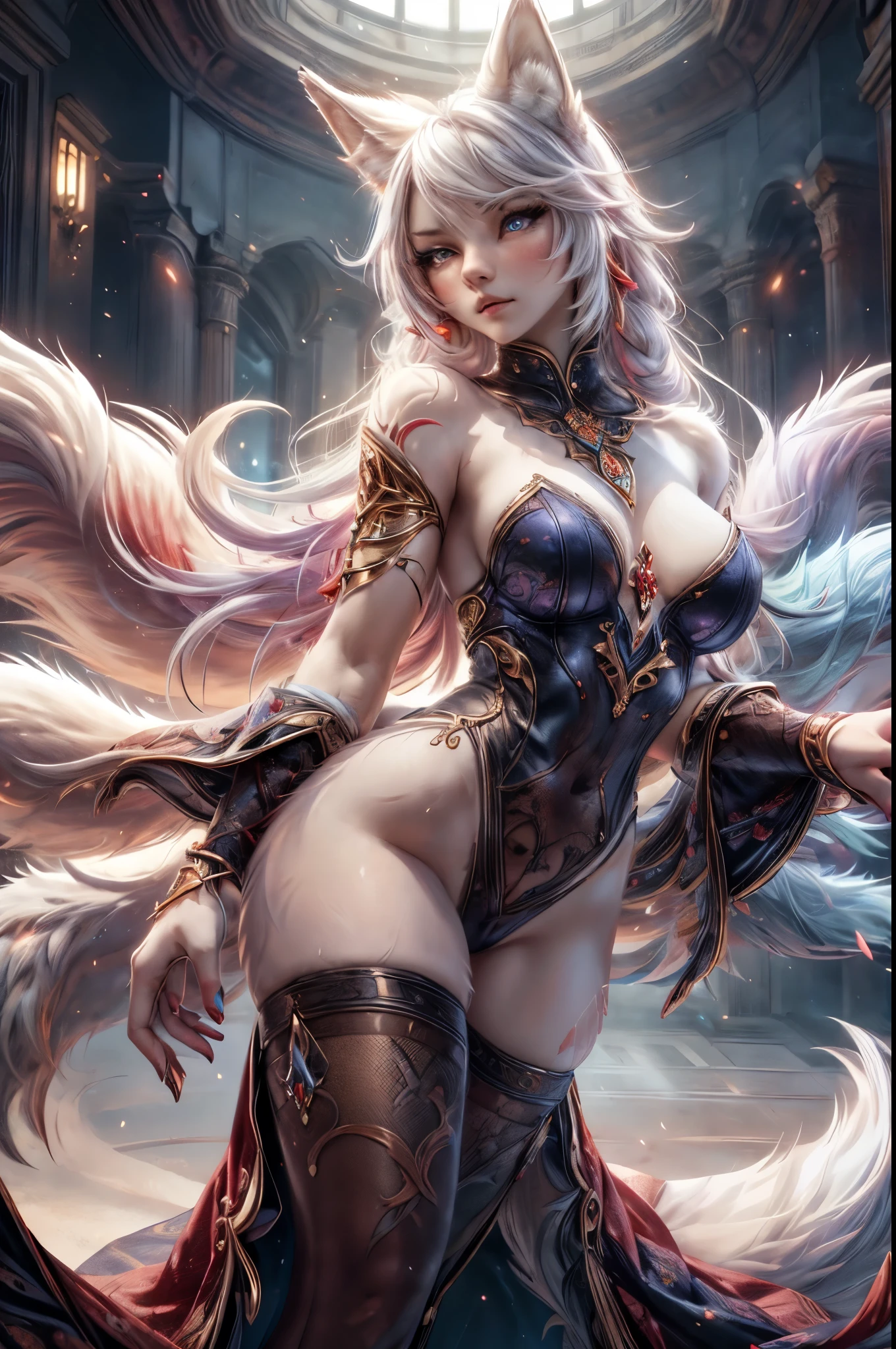 Anthropomorphic female character with wolf-woman body, Wearing sexy underwear, vibrant fur colors, Detailed facial features, expressive eyes, soft lips, realistic rendering, high resolution artwork, realistic lighting, a professional illustration, a soft and gentle color palette, dynamic pose, graceful movement, engaging expression, elegant clothing, mystical background, enchanting ambiance, enchanting and ethereal ambiance, masterfully painted texture on the tail, intricate tail patterns, intricate fur texture , realistic and realistic representation, captivating and seductive presence, Perfectly proportioned figure, delicate details, fascinating artistic quality.