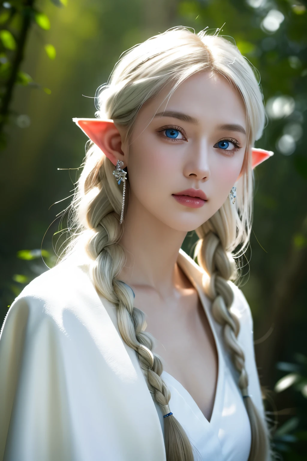 masterpiece, Best Quality, ((Centered, upper body, slight smile)), High Detail Face, 1girl, Solo, (looking at the viewer:1.2), (finely detailed beautiful eyes: 1.2), 10's Beautiful German girl, Platinum blonde single braided hair, elf ears, earrings, white cape coat, Blue eyes, lips apart, sharp focus, cinematic lighting, photo realistic, in a deep forest where sunlight shines through