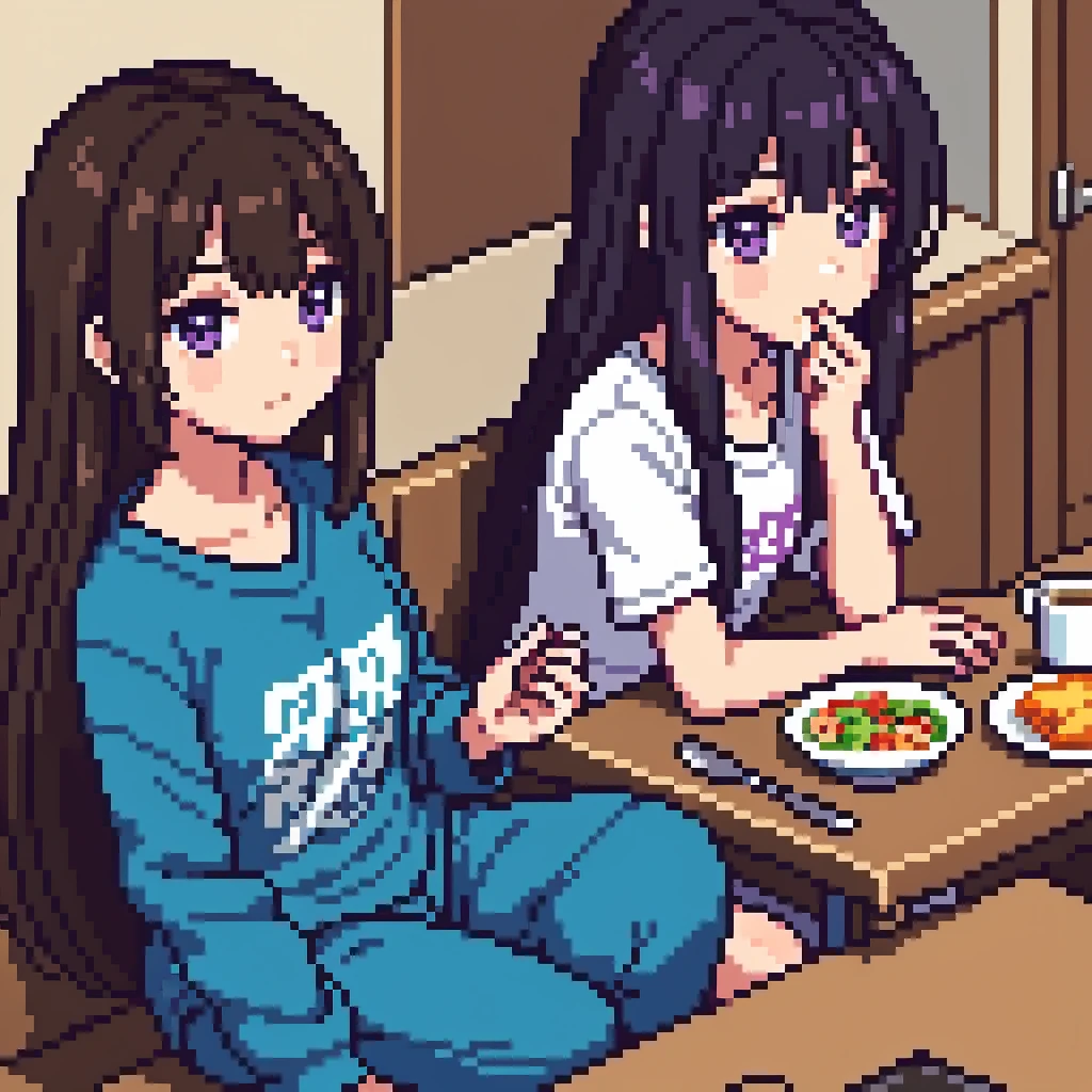 One girl, 20 years old, downtrodden girl, tired girl, confused girl, uncertain posture, long hair, black hair, brown hair. eyes with a transition from blue to purple, dark hair, anime style, 4k image, full figure, modern appearance. all the details are worked out, modern clothes, full-fledged clothes, baggy clothes, cheap clothes, detailed face, lots of details, very detailed, deep, elaborated facial expression, in an apartment, eating, sitting at a table, a girl having lunch, eating