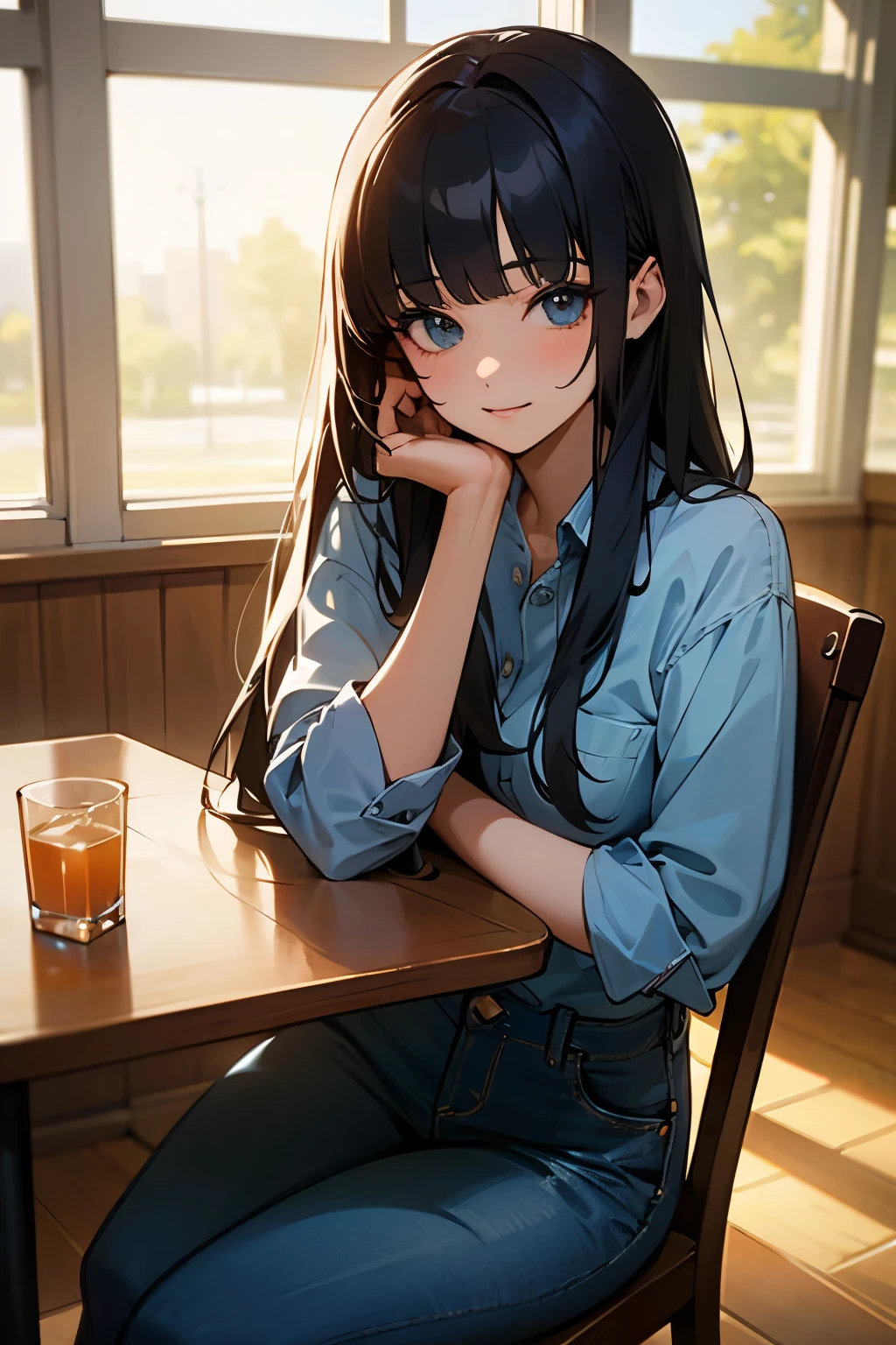 (masterpiece, best quality:1.5), brightening light, beautiful eyes, ultra-detailed face, ((perfect anatomy)), ((detailed hair)), (professional look),
BREAK 1 girl, long hair, black hair, straight hair, blunt bangs, happy, sitting on the chair,
BREAK (denim shirt:1.2),
BREAK indoors restaurant, other customers are in the background